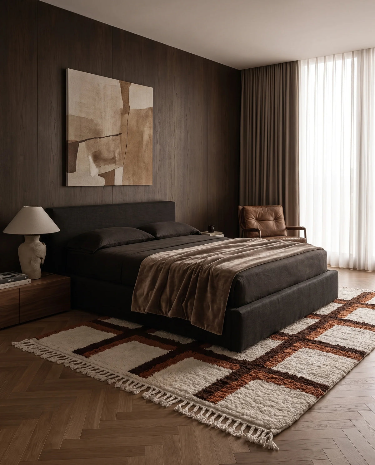 Brown, Terracotta and Cream grid wool rug in a furnished room