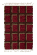 Shadow Crossing grid wool rug, dark brown lines and warm taupe accents on burgundy, full view