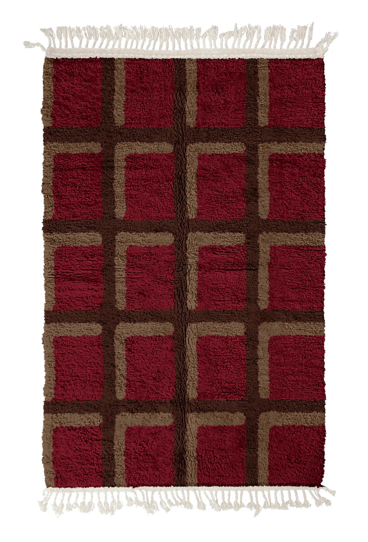 Shadow Crossing grid wool rug, dark brown lines and warm taupe accents on burgundy, full view