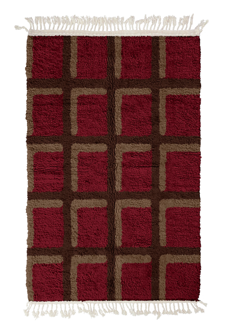 Shadow Crossing grid wool rug, dark brown lines and warm taupe accents on burgundy, full view