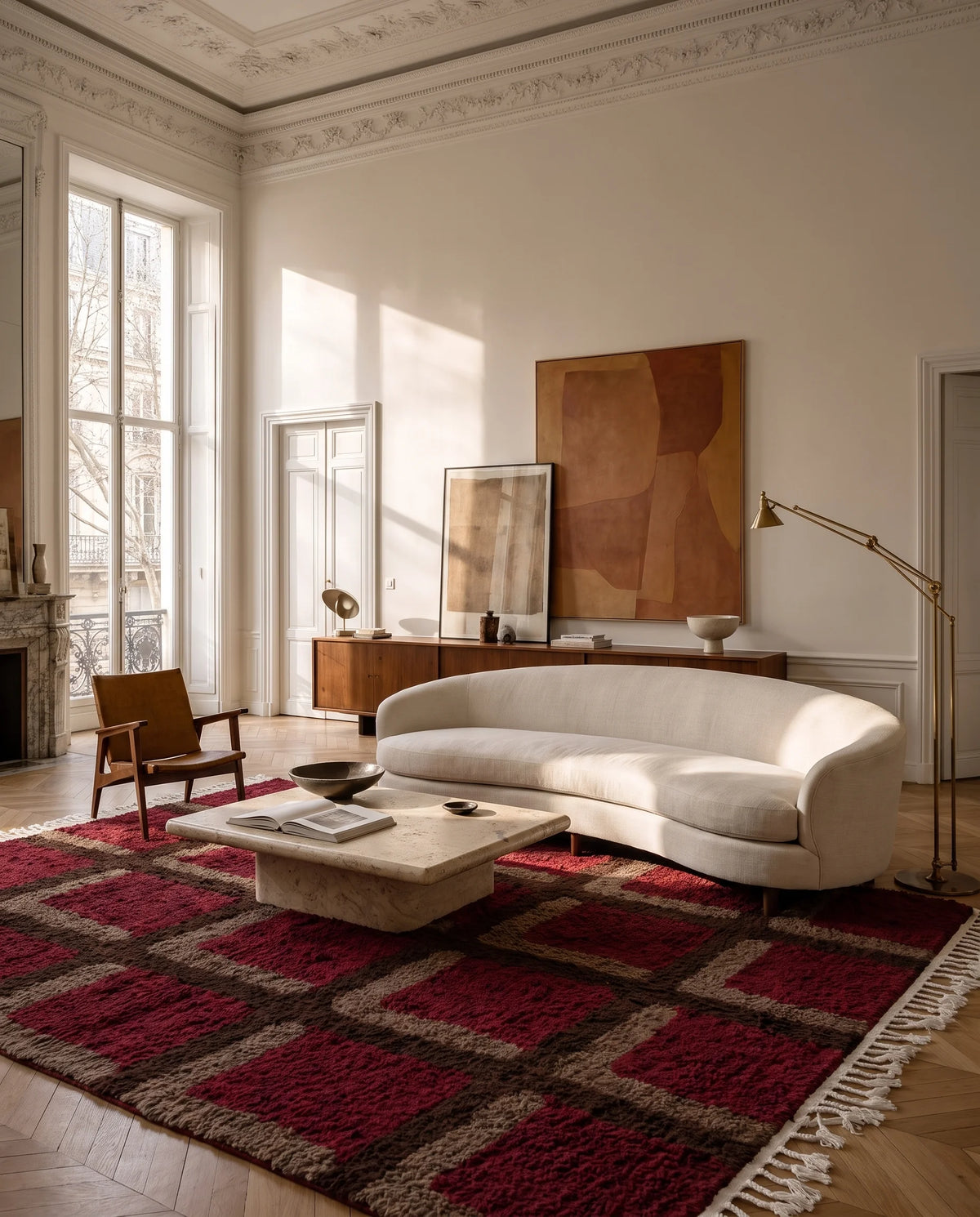 Brown, Taupe and Burgundy grid wool rug in a furnished room