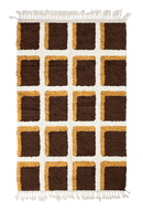 Shadow Crossing grid wool rug, cream lines and ochre yellow accents on dark espresso brown, full view