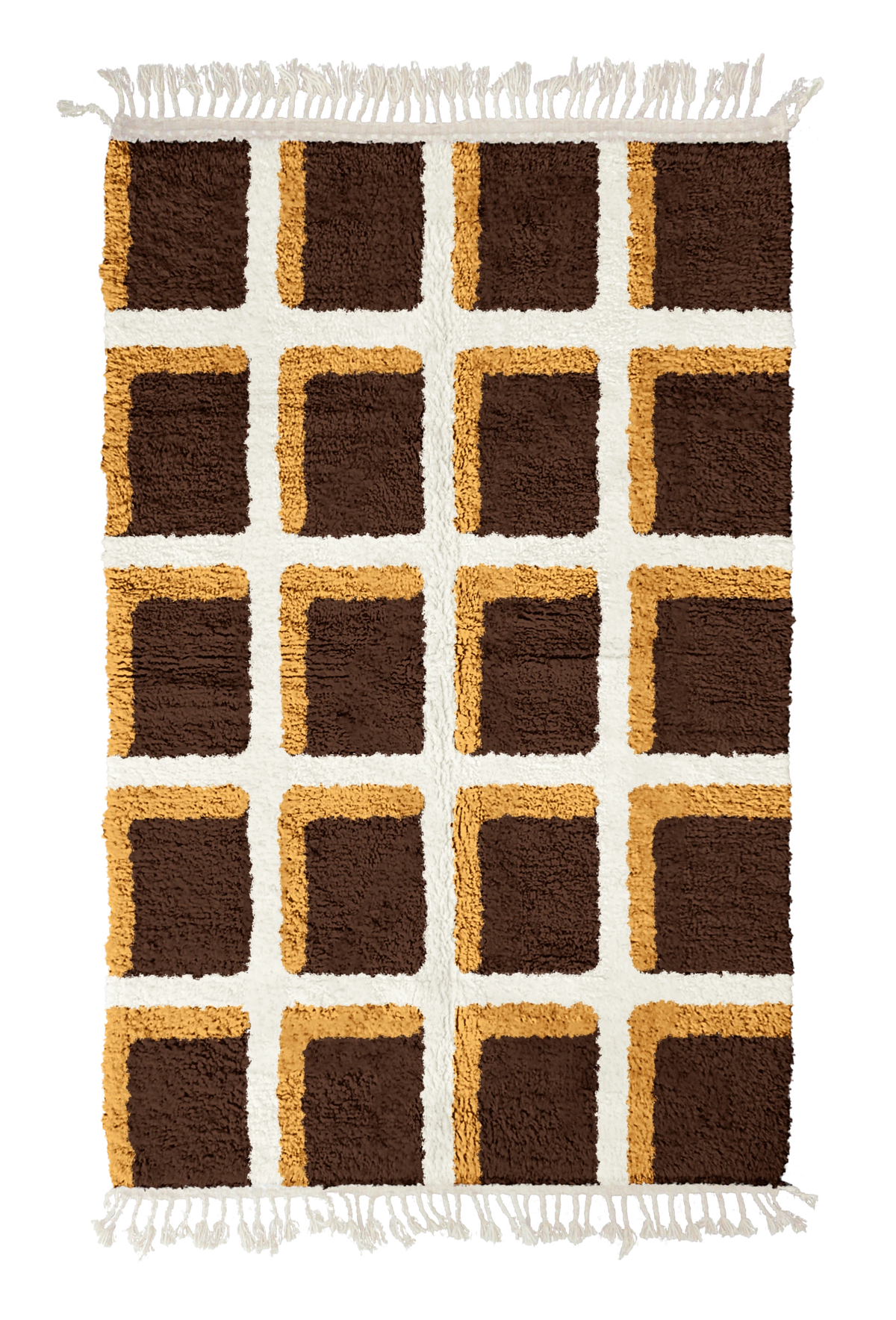 Shadow Crossing grid wool rug, cream lines and ochre yellow accents on dark espresso brown, full view