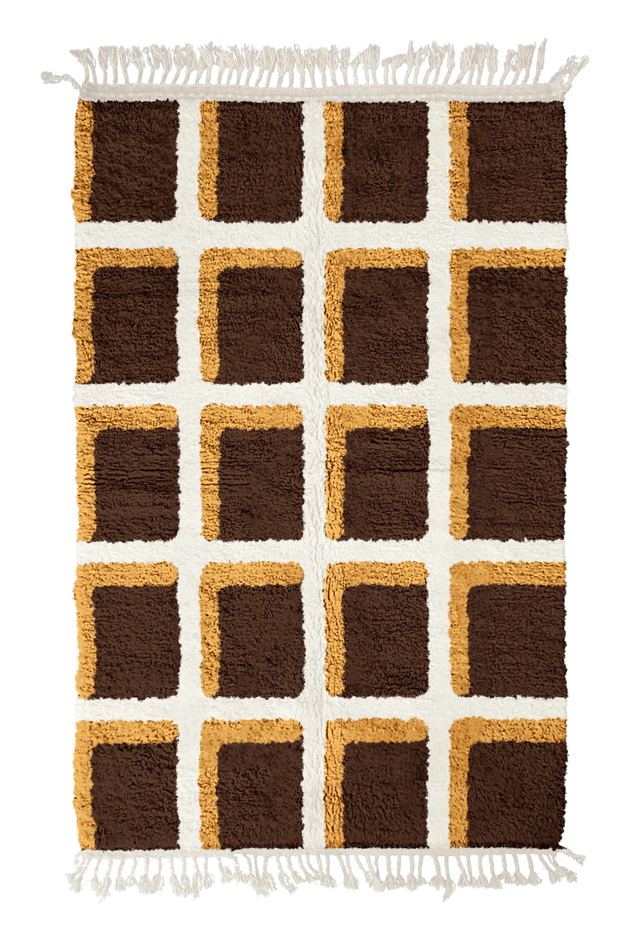 Shadow Crossing grid wool rug, cream lines and ochre yellow accents on dark espresso brown, full view