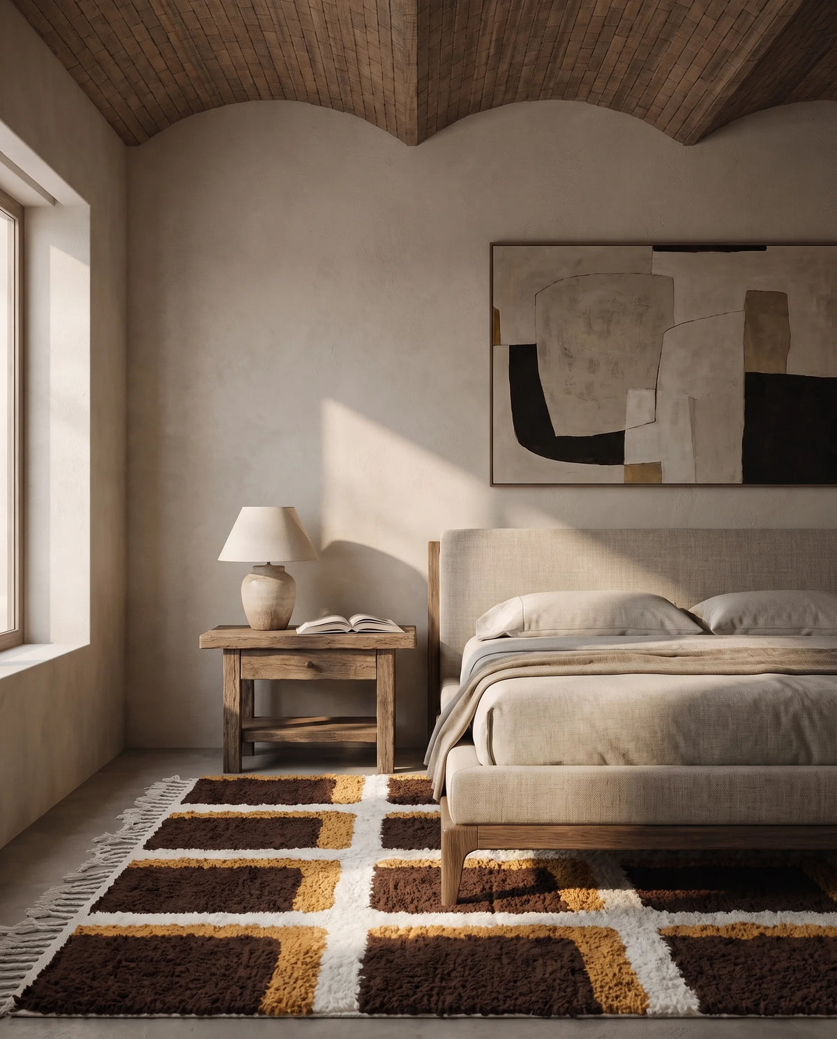 Cream, Ochre Yellow and Dark Brown grid wool rug in a furnished room