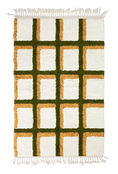 Load image into Gallery viewer, Shadow Crossing grid wool rug, olive green lines and ochre yellow accents on cream, full view
