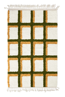 Shadow Crossing grid wool rug, olive green lines and ochre yellow accents on cream, full view