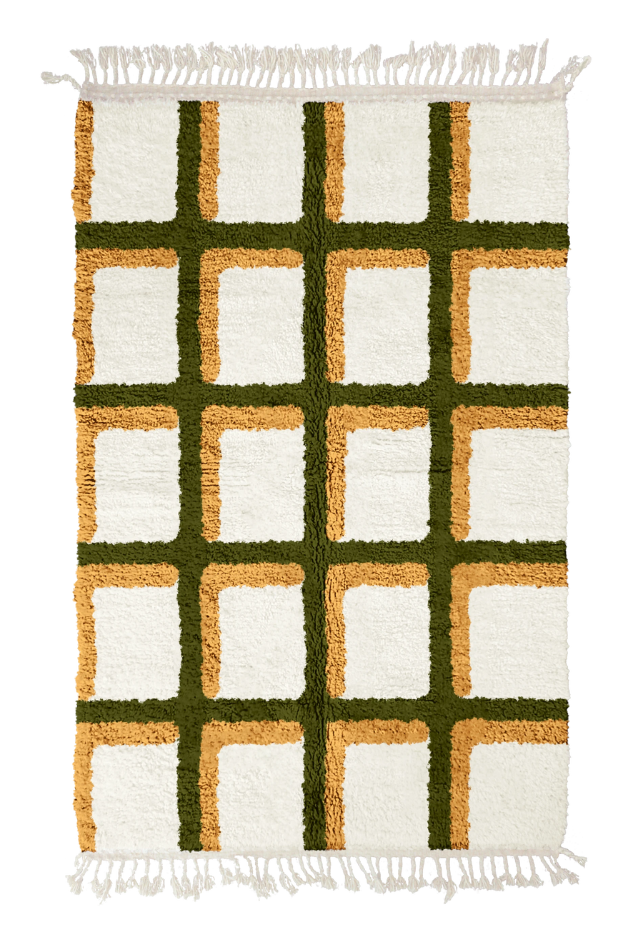 Shadow Crossing grid wool rug, olive green lines and ochre yellow accents on cream, full view