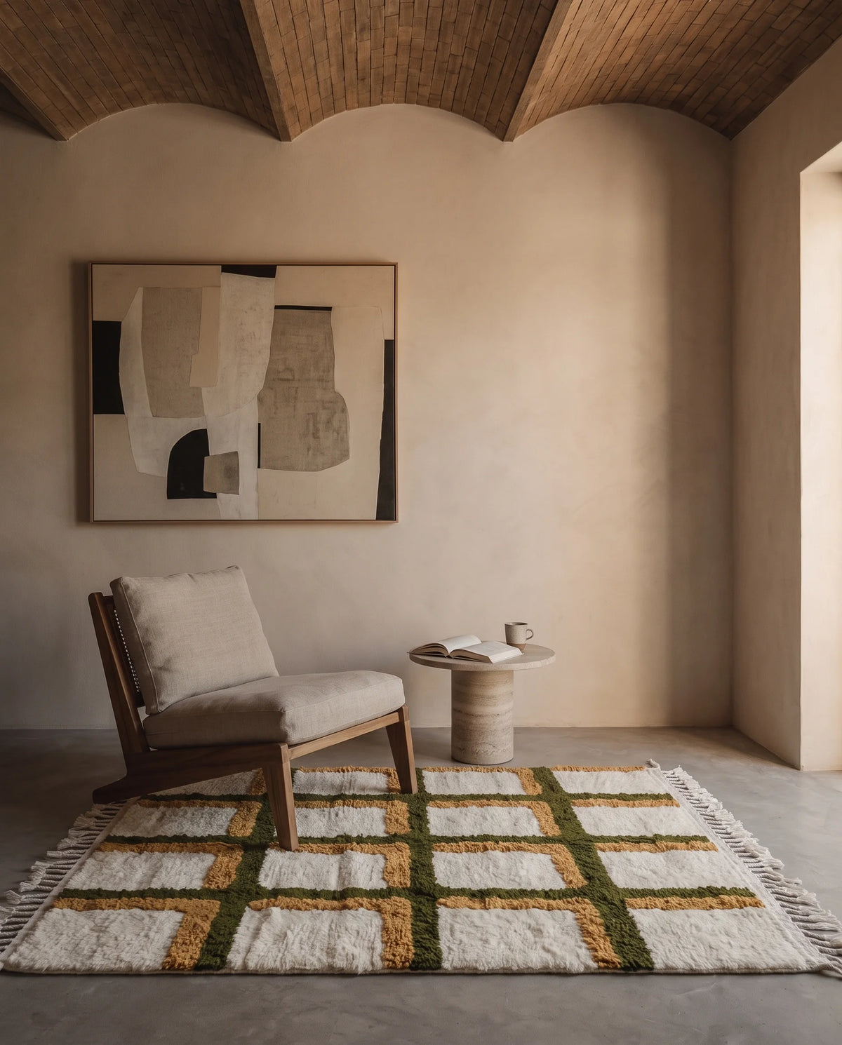 Olive Green, Ochre Yellow and Cream grid wool rug in a furnished room