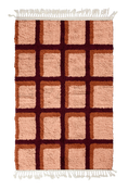 Load image into Gallery viewer, Shadow Crossing grid wool rug, oxblood red lines and terracotta accents on blush pink, full view

