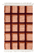 Shadow Crossing grid wool rug, oxblood red lines and terracotta accents on blush pink, full view