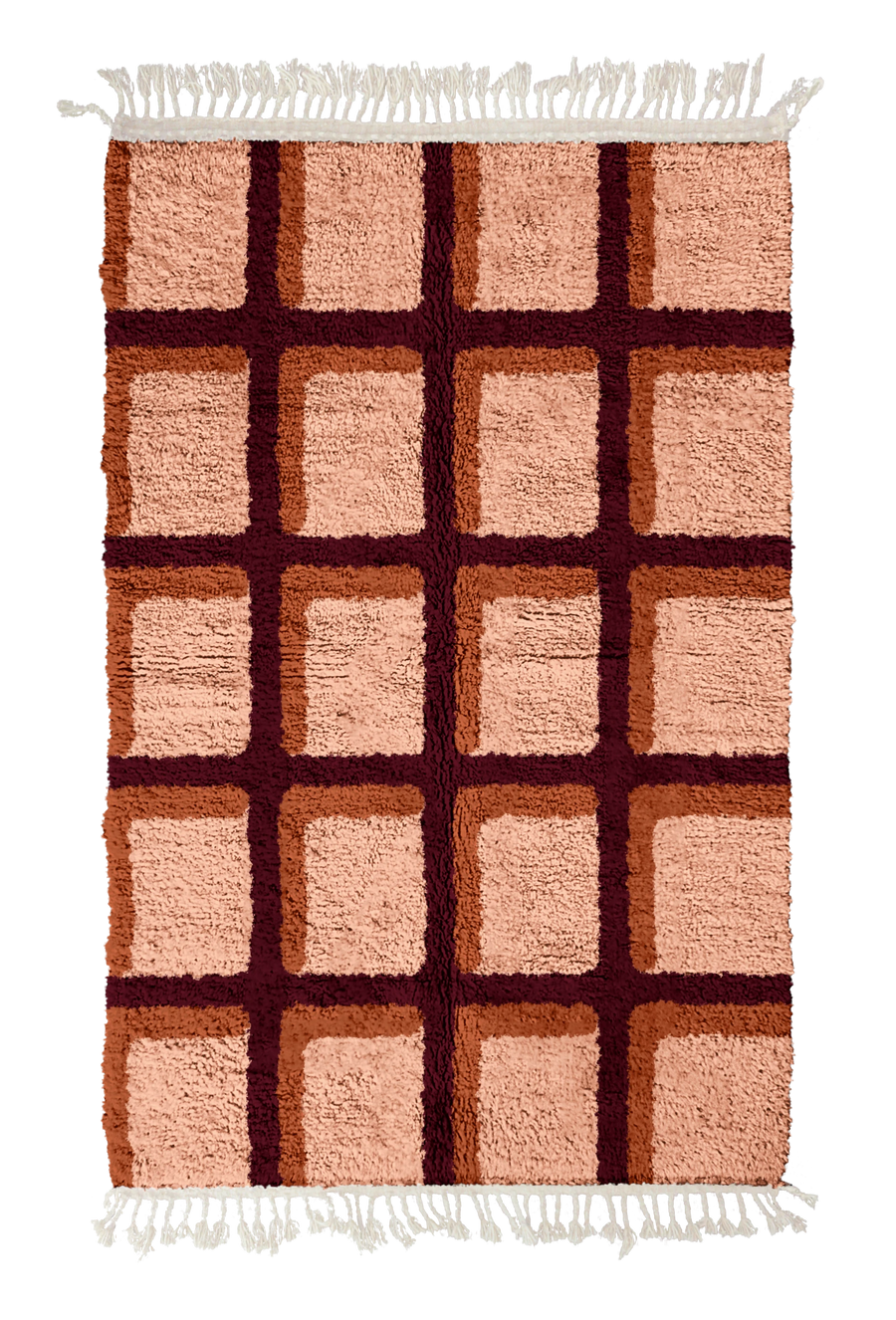 Shadow Crossing grid wool rug, oxblood red lines and terracotta accents on blush pink, full view