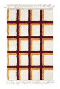 Load image into Gallery viewer, Shadow Crossing grid wool rug, burgundy lines and ochre yellow accents on cream, full view
