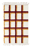 Shadow Crossing grid wool rug, burgundy lines and ochre yellow accents on cream, full view
