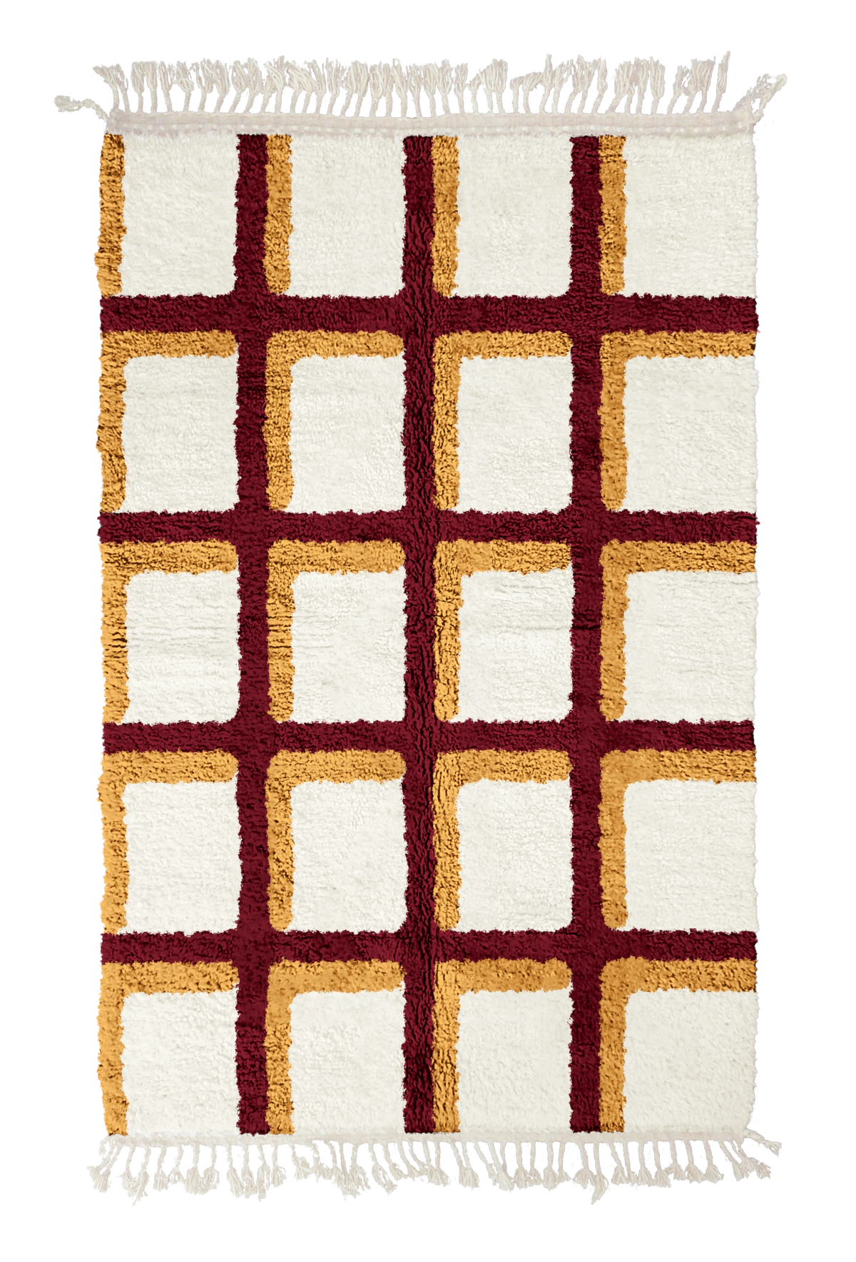 Shadow Crossing grid wool rug, burgundy lines and ochre yellow accents on cream, full view