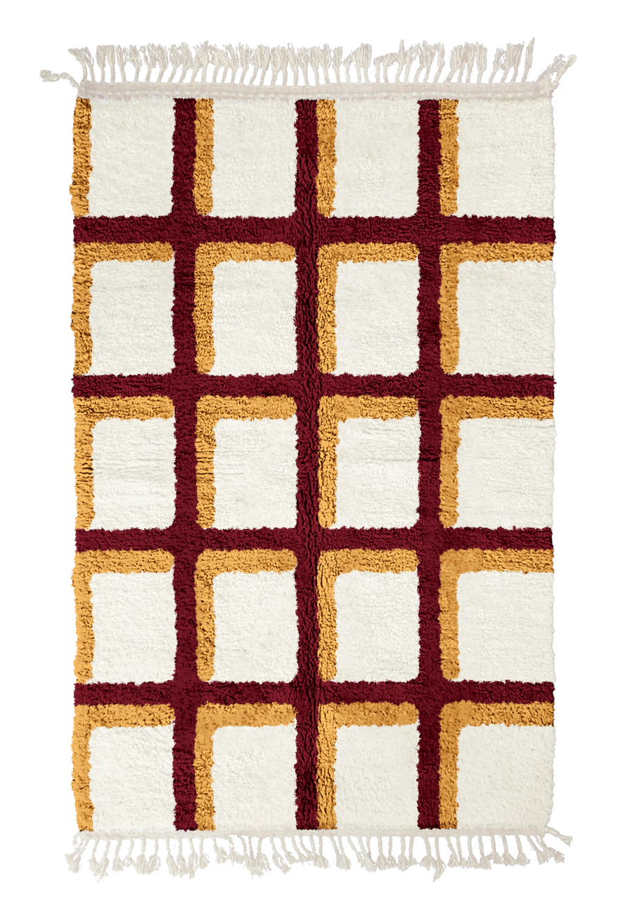 Shadow Crossing grid wool rug, burgundy lines and ochre yellow accents on cream, full view