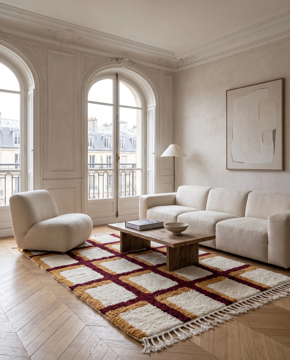 Burgundy, Ochre Yellow and Cream grid wool rug in a furnished room
