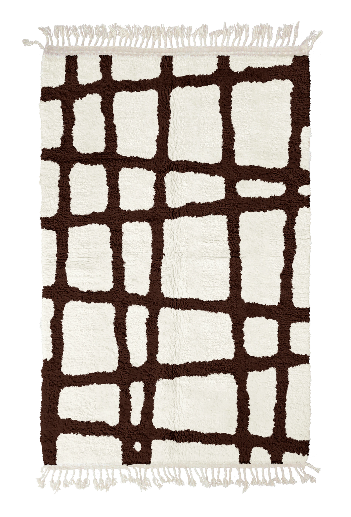Leaning Crossing grid wool rug, dark brown lines on cream, full view