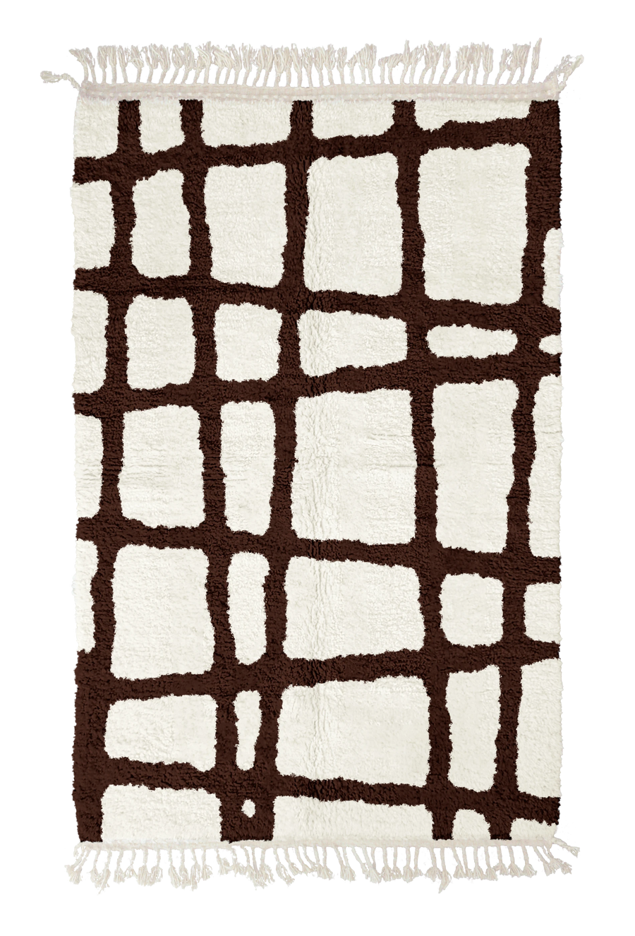 Leaning Crossing grid wool rug, dark brown lines on cream, full view