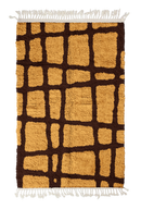 Leaning Crossing grid wool rug, dark brown lines on ochre yellow, full view