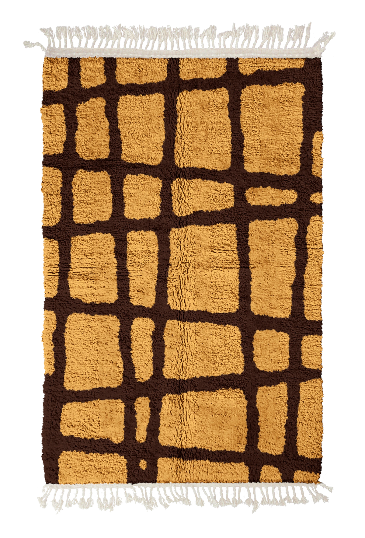 Leaning Crossing grid wool rug, dark brown lines on ochre yellow, full view