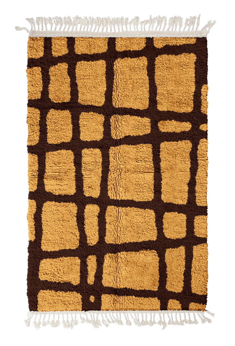 Leaning Crossing grid wool rug, dark brown lines on ochre yellow, full view