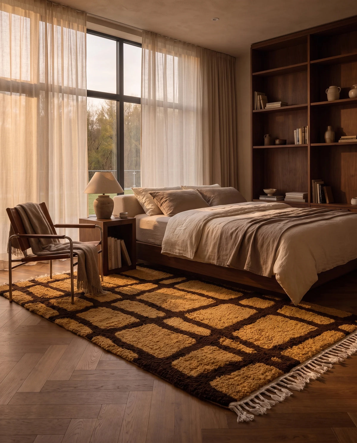 Brown and Ochre Yellow grid wool rug in a furnished room