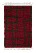 Load image into Gallery viewer, Leaning Crossing grid wool rug, dark brown lines on burgundy, full view
