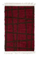 Leaning Crossing grid wool rug, dark brown lines on burgundy, full view
