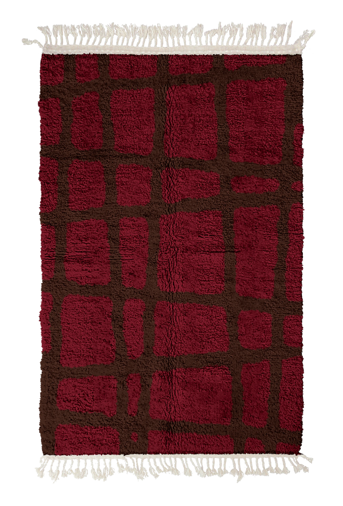 Leaning Crossing grid wool rug, dark brown lines on burgundy, full view