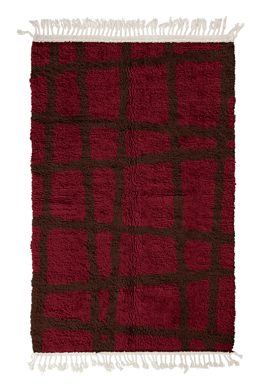 Leaning Crossing grid wool rug, dark brown lines on burgundy, full view