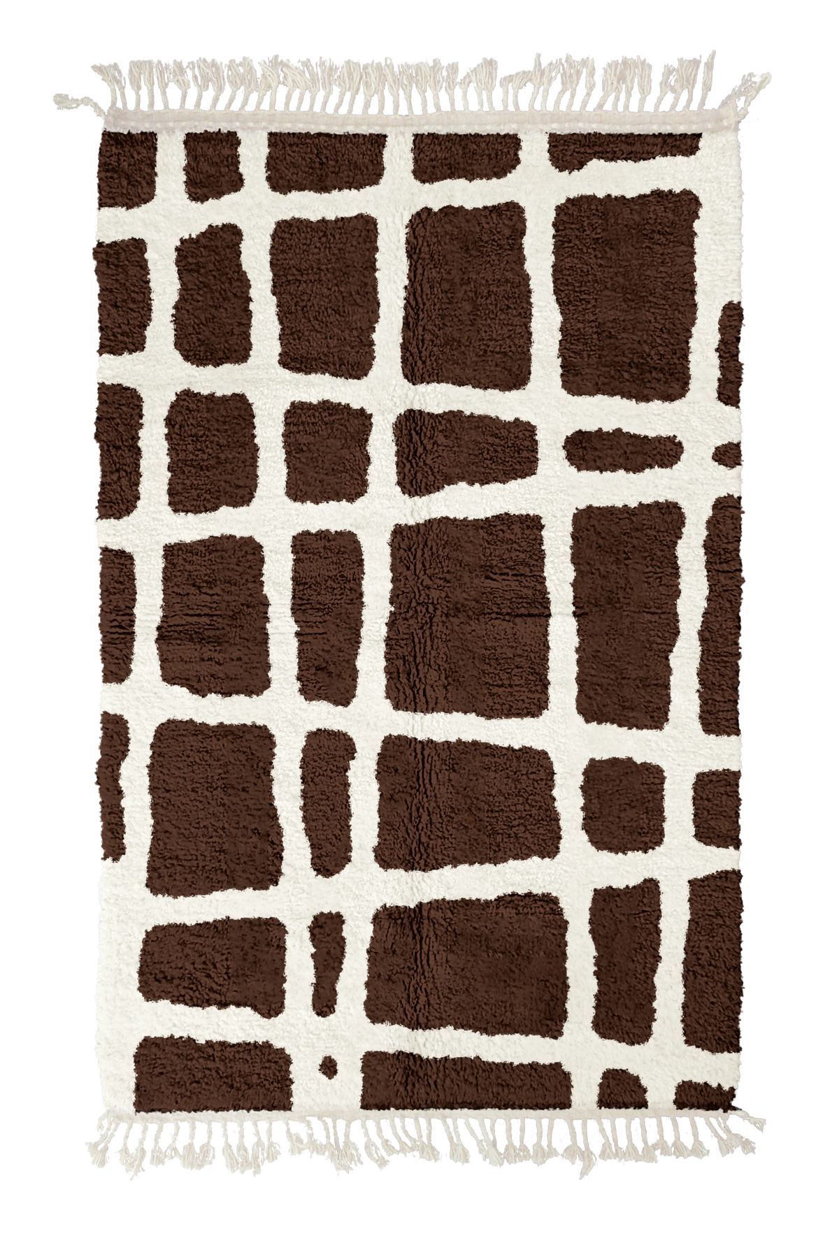 Leaning Crossing grid wool rug, cream lines on dark espresso brown, full view
