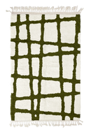 Leaning Crossing grid wool rug, olive green lines on cream, full view
