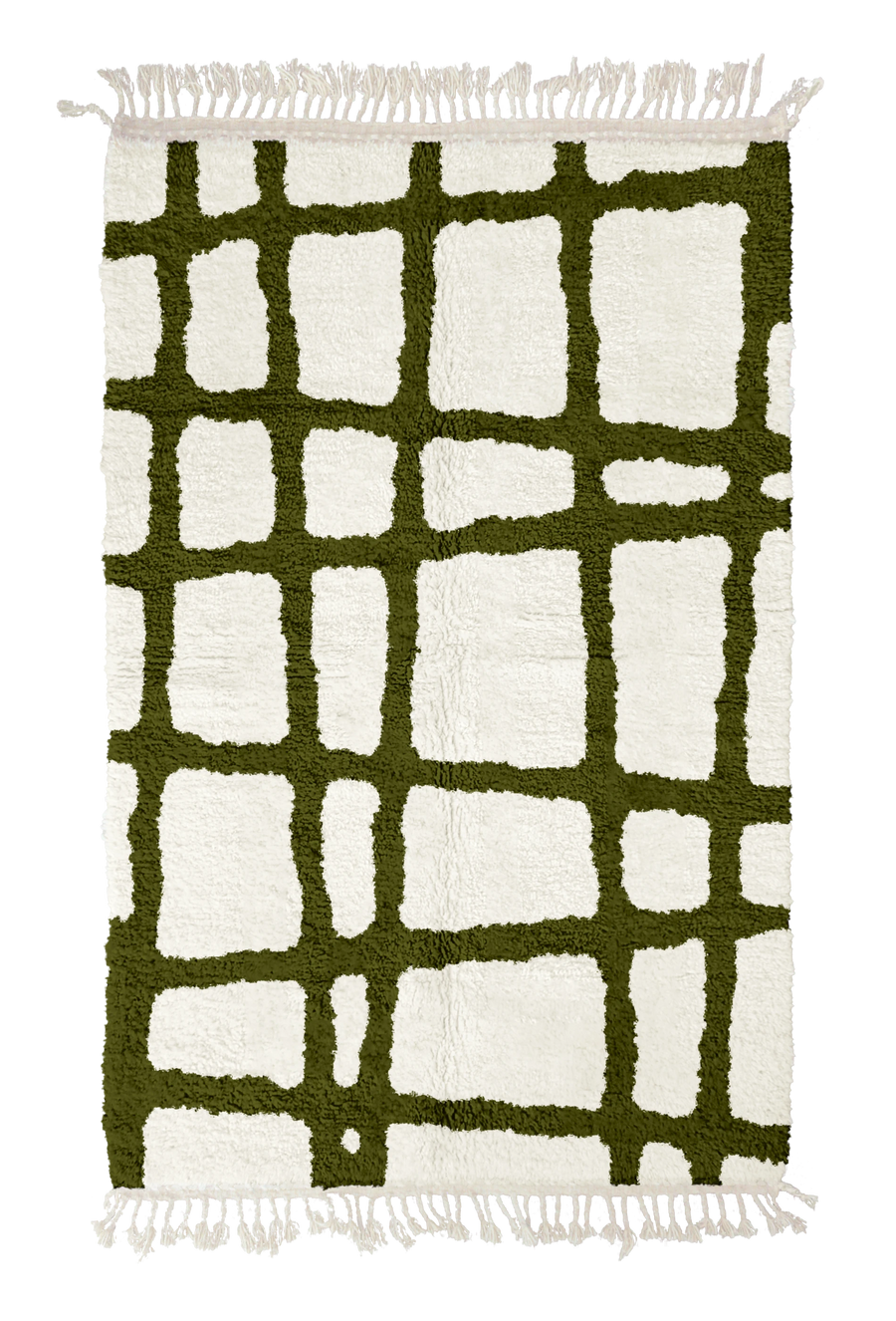 Leaning Crossing grid wool rug, olive green lines on cream, full view
