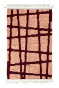 Load image into Gallery viewer, Leaning Crossing grid wool rug, oxblood red lines on blush pink, full view
