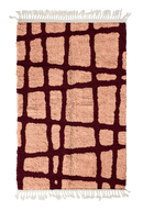 Leaning Crossing grid wool rug, oxblood red lines on blush pink, full view