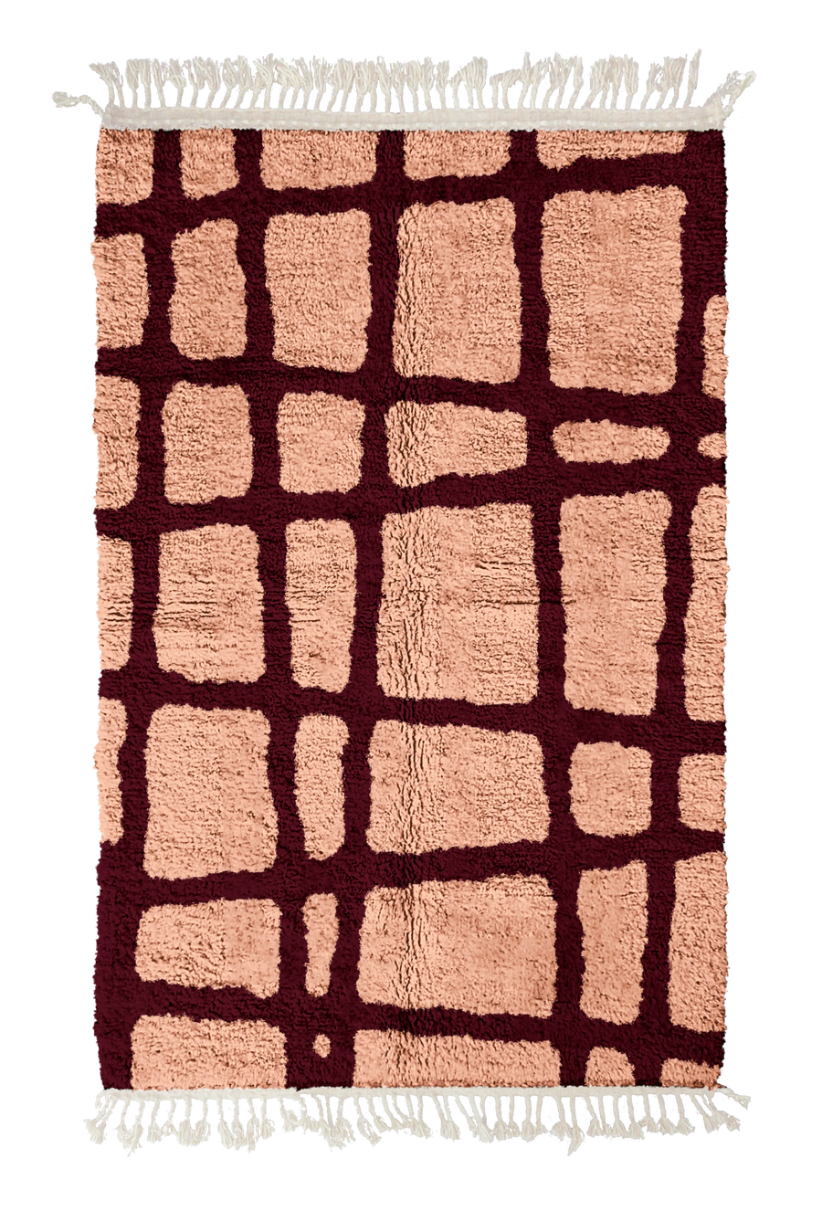 Leaning Crossing grid wool rug, oxblood red lines on blush pink, full view