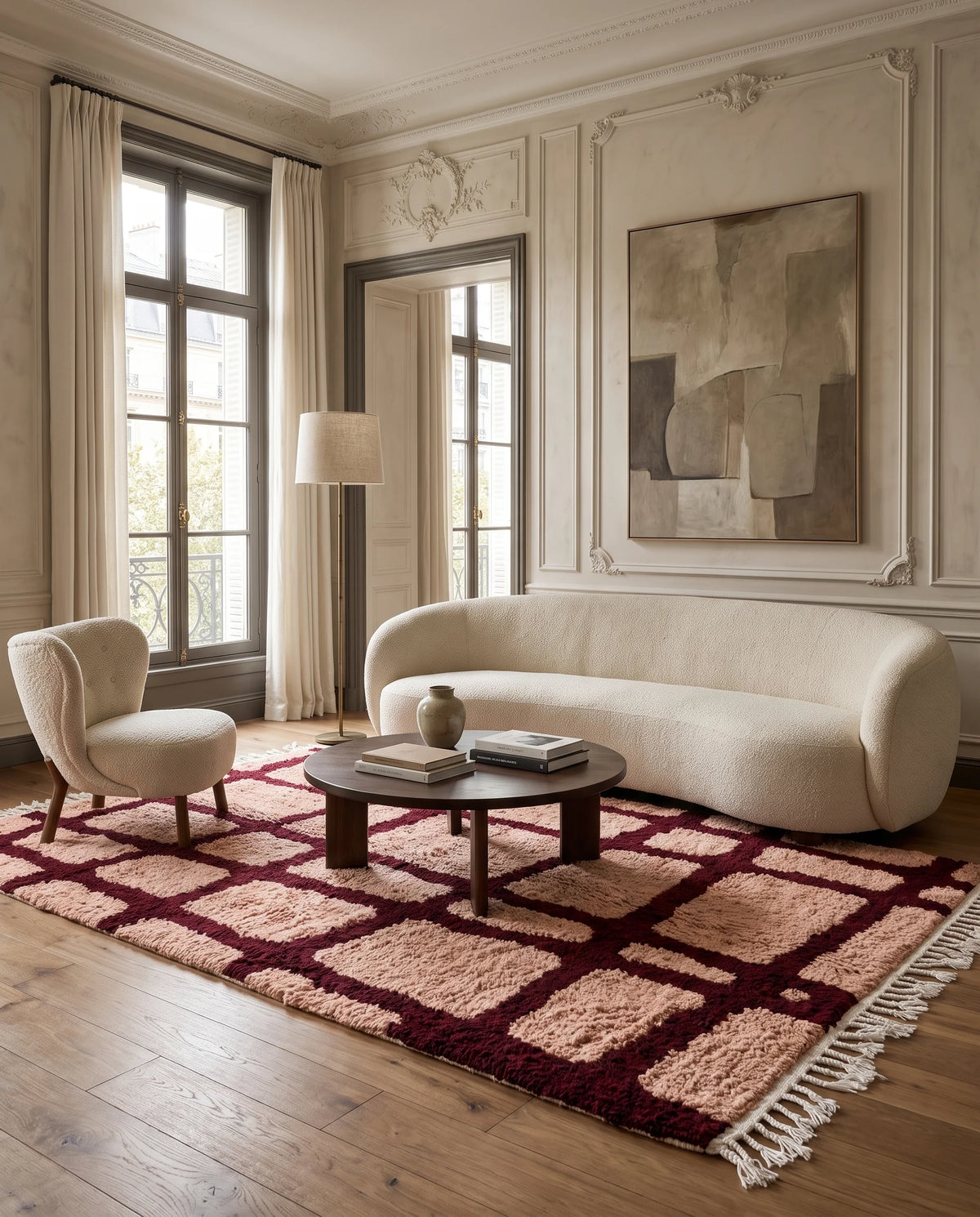 Burgundy and Blush Pink grid wool rug in a furnished room