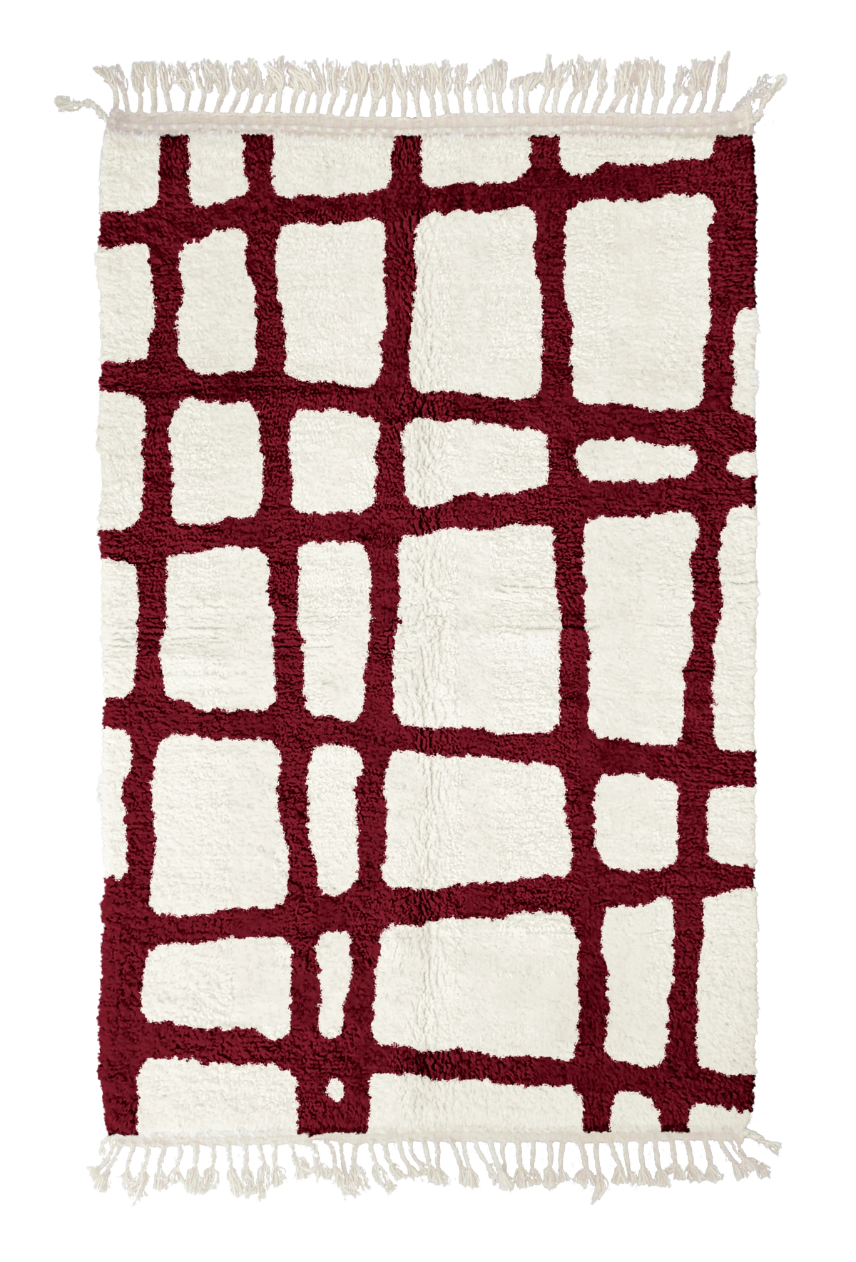 Leaning Crossing grid wool rug, burgundy lines on cream, full view