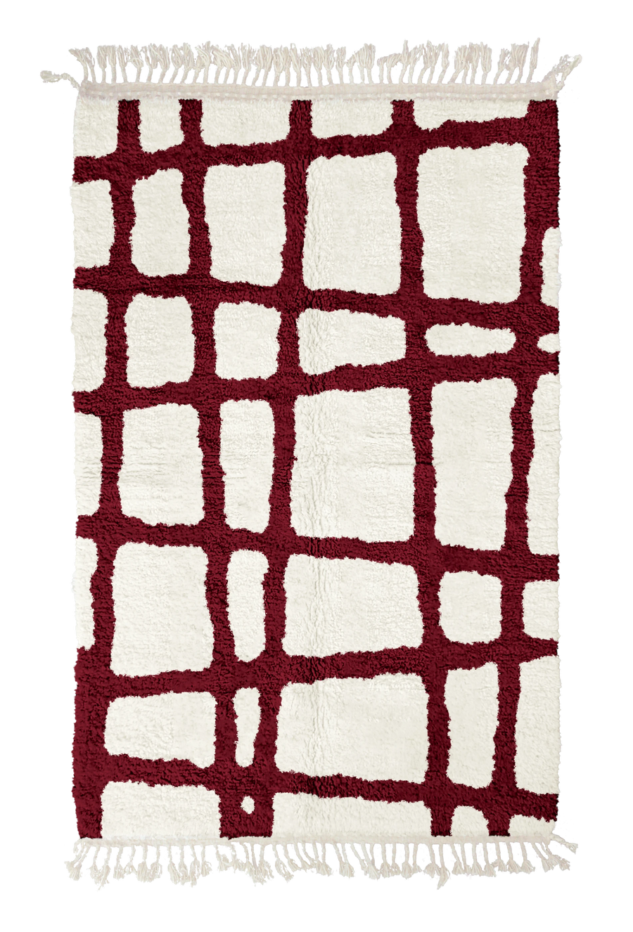 Leaning Crossing grid wool rug, burgundy lines on cream, full view