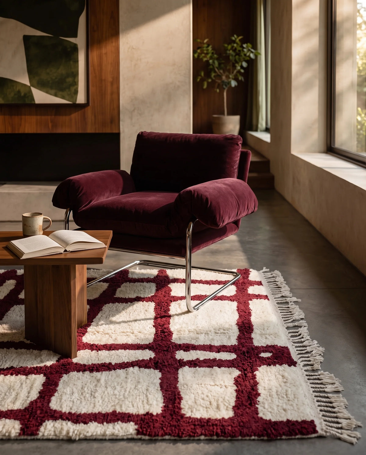 Burgundy and Cream grid wool rug in a furnished room