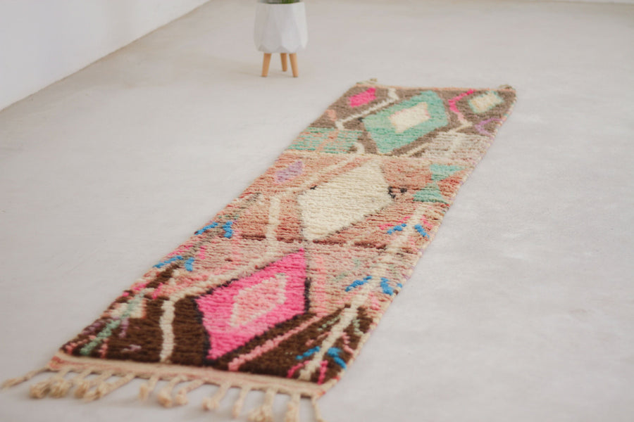 Cream and Teal Boujaad-Style Moroccan Runner, 2'2" x 9'9" – No. H-9