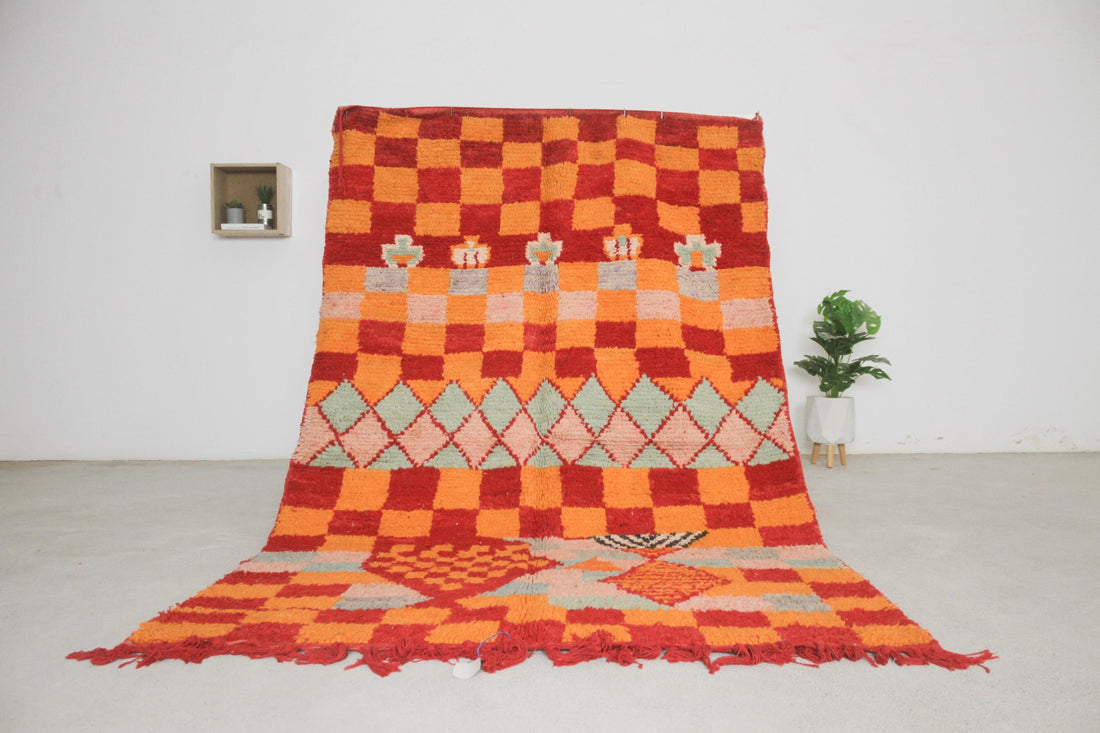 Red Boujaad-style Moroccan rug No. L-A119, checkerboard, full view