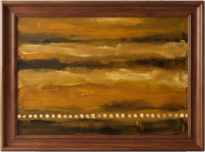 Framed painting: abstract painting of a saffron field in horizontal bands of ochre
