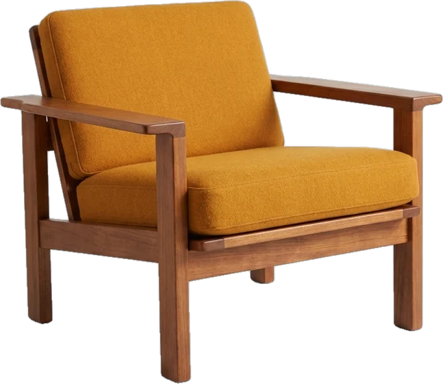 Lounge chair: mid-century lounge chair with a saffron-ochre wool seat and back cushion in a chestnut wood fram