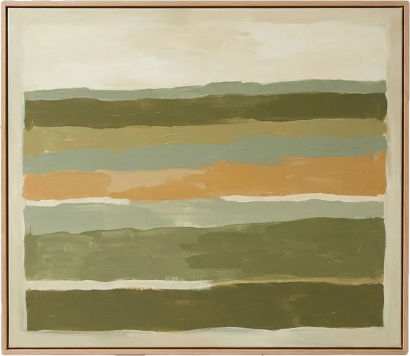 Framed painting: abstract painting of a kitchen garden in horizontal bands of olive