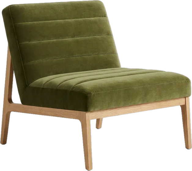 Lounge chair: lounge chair with a horizontally channel-tufted olive-green velvet seat and back on natural oak 