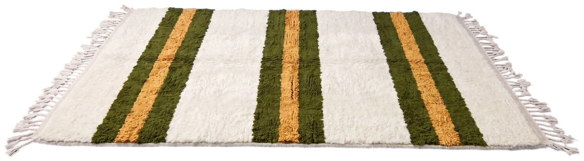 Trio Bands wool rug with bands in olive and ochre on cream, laid flat
