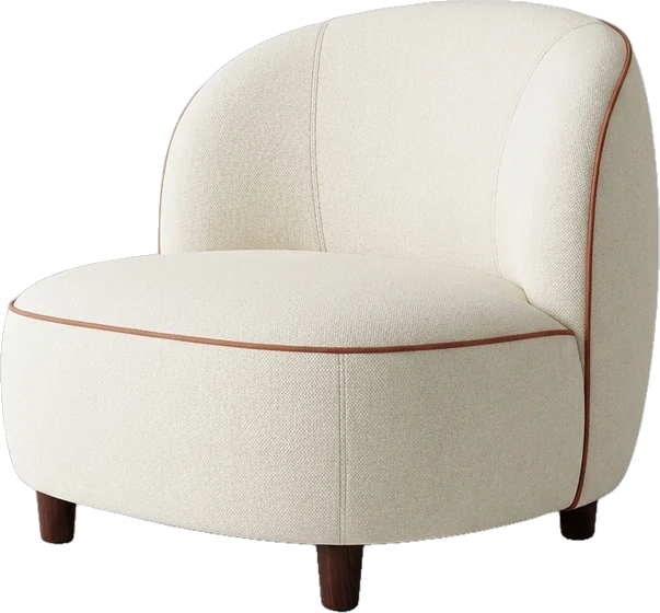 Lounge chair: rounded lounge chair upholstered in ivory cotton with thin terracotta piping