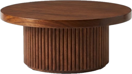 Coffee table: round coffee table about 35 cm high in polished mahogany with a thick round top on a fluted maho